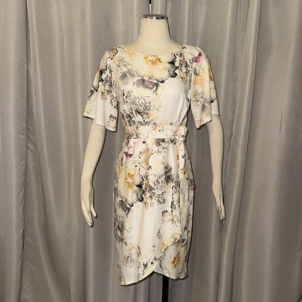 Closet London Floral Faux Wrap Midi Dress Watercolor Asymmetrical Tulip Hem